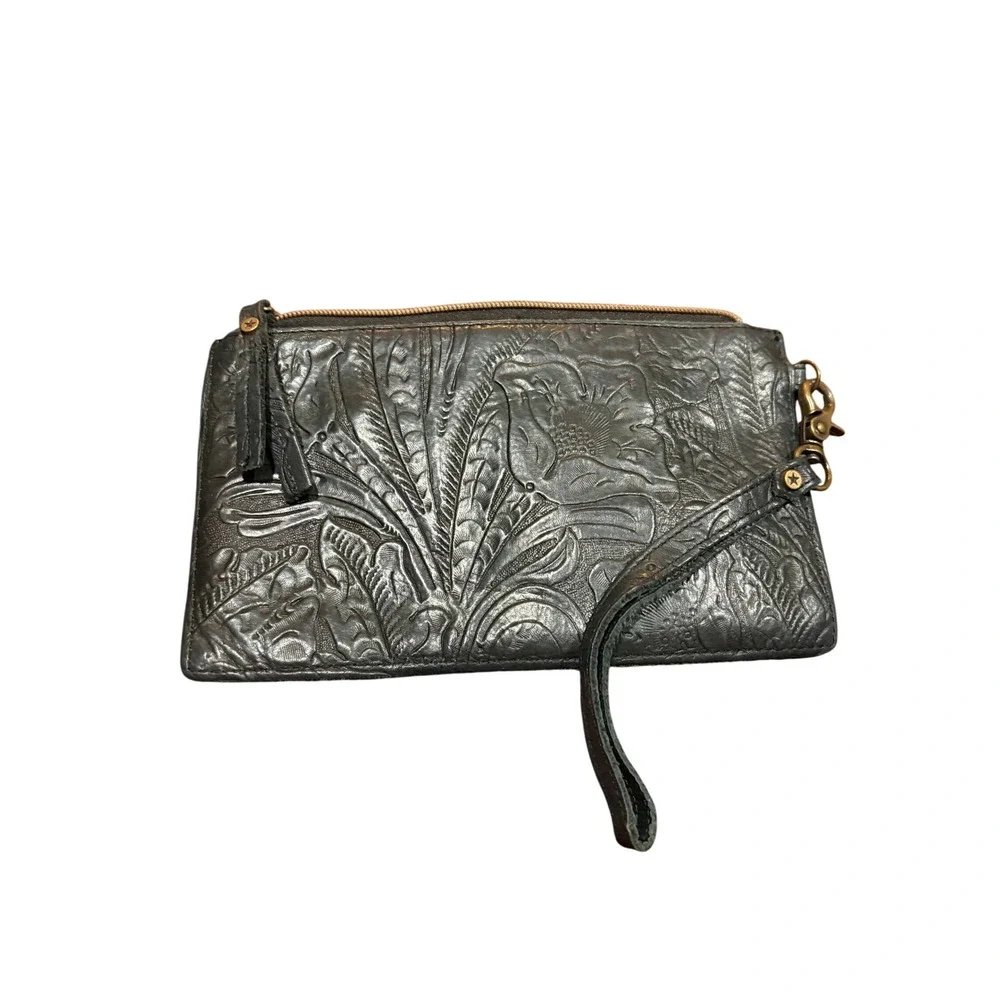 American Leather Co Black Tooled Floral Leather Wristlet Clutch Wallet Bag